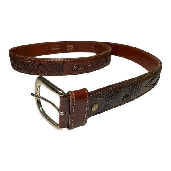 Vintage 5th Avenue Embossed Pattern Brown Leather Belt Brass Buckle Men’s 38 - Picture 1 of 6